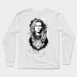 black white graphic illustration man angry tiger cats Long Sleeve T-Shirt